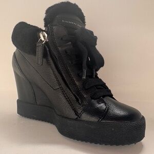 Giuseppe Zanotti Black Leather Wedge Sneaker with Shearling Collar